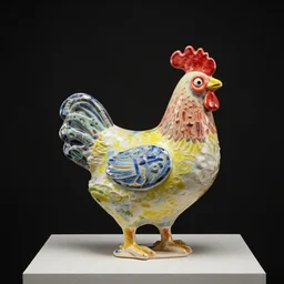 colourful 🐓, a surreal contemporary ceramic sculpture on a plinth, by victo ngai, by hikari shimoda, by tracie grimwood, plain black background