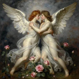 a painting of entwined angels and roses , by john william waterhouse, by John William Godward, by austin osman spare, symbolist painting, mist, volumetric render, digital painting, detailed painting, occult, sharp focus, intrincate details, all inside frame