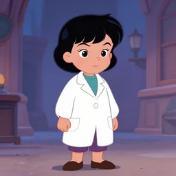 a full body portrait of a 1 9 9 0's disney girl grumpy detective wearing lab coat with short black hair with bun and fringes working in a paranormal city, finely detailed features, city, closeup, green light, grimdark, gapmoe yandere, 1 3 trending on pixiv fanbox, painted by greg rutkowski makoto shinkai takashi takeuchi studio ghibli