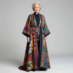 an elderly woman dressed in extremely colorful clothes with many strange patterns posing for a high fashion photoshoot, haute couture