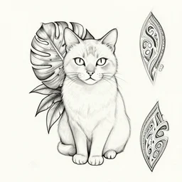 tattoo sketch of a cat with one eye, monstera deliciosa, a draft, organic ornament, maori, line art, vector