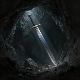 epic dark cave matte painting by anato finnstark by peder balke by chip zdarsky, rocks and stone dark mystic. single ray of light on a big sword artstation brushed illustrated print epic agony desperate metal kvlt nordic noir cave dark widescreen format videogame title