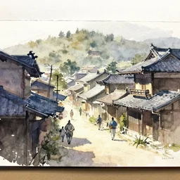 small painted on watercolor paper, paint brush strokes, abstract watercolor painting of an eastern town, midday sharp light, dust, cinematic light, feudal japan by hans dahl, by jesper ejsing, by anders zorn, by greg rutkowski, by greg manchess, by tyler edlin