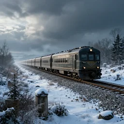 [ uaz 3 9 0 9 bukhanka ] driving beside the syberian railroad, epic fantasy, winter, the elder scrolls v : skyrim, dramatic lighting, establishing shot, by simon stalenhag