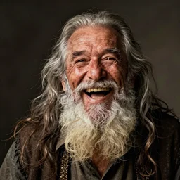 a old laughing happy old man with female long hair, long beard, female body, by steve mccurry