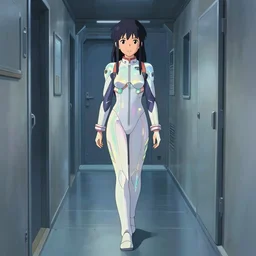 beautiful young Himalayan woman, walking empty narrow hall of a spaceship, lonely, iridescent body suit with glowing stripes, by Makoto Shinkai and Wojtek Fus, by studio trigger, rossdraws, ambient occlusion, clean lineart and color, vibrant