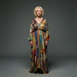 wide angle full body portrait shot todd solondz blond older woman wearing flowing colourful clothes, introvert geek, shy, clear todd solondz female face, highly detailed face, detailed eyes, alphonse mucha, rhads, rebecca guay, artstation, artgerm, octane render, 1 6 k
