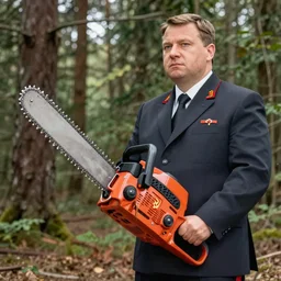 soviet propaganda poster of threatening viktor orban holding a chainsaw, forest in the background