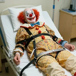 crazy elderly clown supine in hospital bed, strapped into bed with restraints, trying to get out but unsuccessful, photograph, 8 k