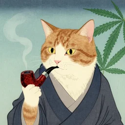stoner cat smoking gandalf pipe with cannabis leaf background, in the style of hiroshige, japanese woodblock, classical japanese art, traditional japanese art, kitty, cat, neko, weed, marijuana, cannabis, highly detailed, beautiful colors, award winning, ink and watercolor