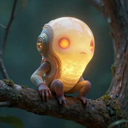 a macro photograph of a bulbous glowing creature on a tree branch, hyperdetailed, retro futurism, unreal engine