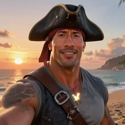 dwayne johnson in a sea of thieves selfie, sea of thieves screenshot, sunset, pirate hat