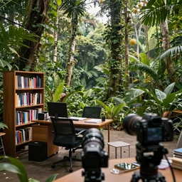 a photograph of a jungle, with an outdoor office set up in the immediate frame, including a book shelf, point of view of a desktop camera, wide angle, morning light