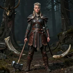 a cinematic view of very ornated female viking berseker, pixie haircut, showing nordic tattoos in the full body, using leather armour with an hammer made of mammoth tusk, photorealistic, volummetric light, detailed, texturized, leica lens high quality, no cut, full view
