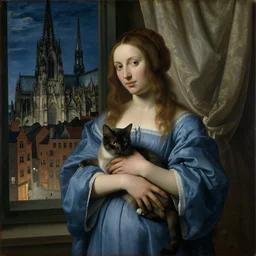close portrait of woman in night gown with cat, with city with gothic cathedral seen from a window frame with curtains. night. lucas cranach, georges de la tour, henri de toulouse - lautrec, utamaro, monet