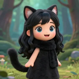 render of a very cute joyful 3d anime girl, fluffy tail, wearing fluffy black scarf, long dress, black long curly hair, watery eyes, cat ears, in the magical forest, medium shot, mid-shot, highly detailed, trending on Artstation, Unreal Engine 4k