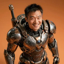 hyperrealistic grungy exoskeleton!! smiling chinese man covered highly detailed concept art eric zener elson peter cinematic hard orange lighting high angle hd 8k sharp shallow depth of field
