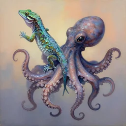 painting of hybrid gecko!!! and ( ( ( ( octopus ) ) ) ) fused together, intercrossed animal, by zdzislaw beksinski, by lewis jones, mattias adolfsson, cold hue's, warm tone gradient background, concept art, digital painting