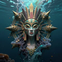 a centered full body render of an alluring goddess wearing a tribal mask surrounded by a underwater ink pour and flowing liquid galiumand sacread geometry, perfect face, powerful, cinematic, beautifully lit, by leticia gillett, by viktoria gavrilenko, 3 d, trending on artstation, octane render, 8 k