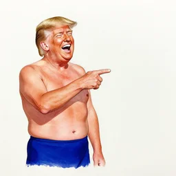 person is laughing and pointing at donald trump in a swimsuit. detailed ms paint drawing.