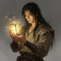 portrait of a man with long black hair in brown rags holding a glowing device, fantasy, digital painting, volumetric light, intricate, sharp, focus, bloom, illustration, highly detailed, concept art, matte, ruan jia, randy vargas, greg rutkowski