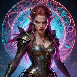 elf queen, string character, furious gorgeous woman, lord of the rings, cyberpunk, neon, fibonacci, sweat drops, insane, intricate, highly detailed, digital painting, artstation, concept art, smooth, sharp focus, illustration, Unreal Engine 5, 8K, art by artgerm and greg rutkowski and alphonse mucha
