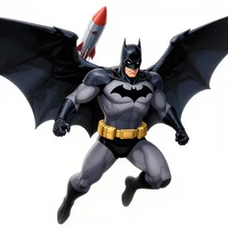 wingsuit batman holding a rocket laucher at iron man by akira toriyama