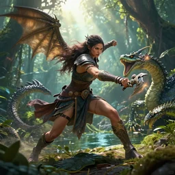 Epic picture of a female faladin fighting a hydra near a jungle pond, hyper realistic, photo realistic, dynamic lighting, HDR, 4k, high detail, volumetric lighting, lens flare, trending at Artstation