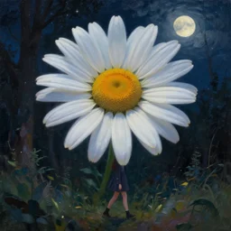giant daisy flower as head, girl walking in forest, surreal photography, dark night, stars, moon light, impressionist painting, clouds, digital painting, artstation, simon stalenhag