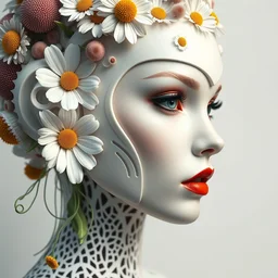 biomechanical beautiful woman portrait with a smooth carved porcelain ivory profile face, futuristic haute couture, iris van herpin, headdress with daisies, colorful puffballs, mushrooms, rhizomorphs, brackets, sponge corals, laser cut collar, red lips, leaves tendrils, hyper detailed, ultra sharp, 8 k, uhd