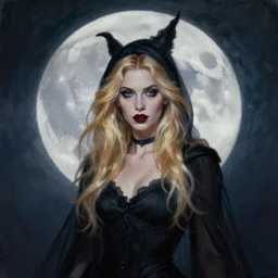 portrait of beautiful blonde woman as a Dark evil witch, big moon in the background, oil painting by flickr