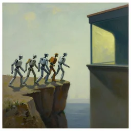 robots marching off of a cliff, dystopian, pj crook, edward hopper, oil on canvas