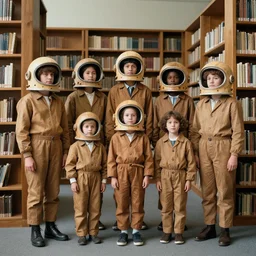 realistic documentary photo of a a family of diverse students wearing brown wooden suits, wearing wooden astronaut helmets made of wood, standing in a spacious wooden library 1 9 9 0, life magazine reportage photo, neutral colors, neutral lighting