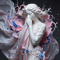 a wide portrait of a beautiful girl, porcellaine skin with golden tears, hiding face and torso behind beautiful intricate flowy silky cloth, dramatic lighting, splashy intricate thick paint texture on the face and body, intricare abstract flower arrangement, pink and blue color palette
