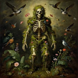 'Life from death' A horrifyingly detailed aesthetic horror full body portrait painting depicting 'A mossy skeleton with plants and flowers growing all over it, birds and insects flying all around it' by giuseppe arcimboldo and Rembrandt, Trending on cgsociety artstation, 8k, masterpiece, cinematic lighting, highly detailed, vibrant colors, uncropped.