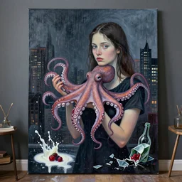a portrait in a dark apartment, cityscape, a female art student holding an octopus, rain made of milk, berries, broken bottles, metaphysical, neo - expressionism, surrealism, acrylic and spray paint and oilstick on canvas