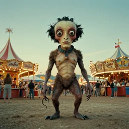 the strange creature at the carnival, , film still from the movie directed by Denis Villeneuve with art direction by Salvador Dalí, wide lens