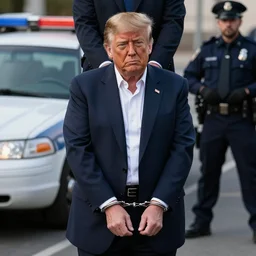 donald trump being handcuffed by a police officer front of a police car, real life skin, intricate, high detailed, smooth, sharp focus