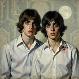 a baroque painting of two beautiful but sinister young men wearing oxford shirts in layers of fear, with haunted eyes and dark hair, 1 9 7 0 s, seventies, wallpaper, a little blood, moonlight showing injuries, delicate embellishments, painterly, offset printing technique, by brom, robert henri, walter popp