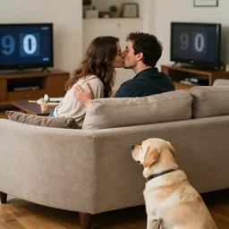 realistic, 9 0's candid, man and woman kissing in living room. couch. table. 9 0's television. labrador on floor.