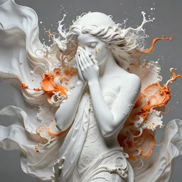 a wide portrait of a beautiful girl, porcellaine skin with golden tears, hiding face and torso behind beautiful intricate flowy silky cloth, dramatic lighting, splashy intricate thick paint texture on the face and body, intricare abstract flower arrangement, white and orange palette