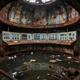 abandoned nuclear reactor, interior of rusted structure and control panels, filled with dirty water floating with trash and dead animals, atmospheric, photoreal, artstation, deviantart, cgsociety