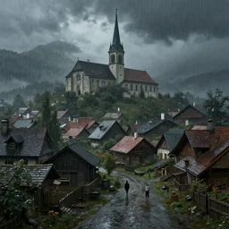 extreme long shot concept art depicted rainy old austrian village, high details, dramatic mood, deep environment, art by legends of runeterra and tomasz jedruszek and gabor szikszai, trending on artstation, unreal engine, 8 k, 4 k