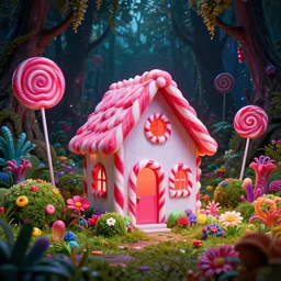 A candycane house in a dark candy forest, giant lollipops, gumdrop bushes, colorful flowers, exotic alien flora, dramatic illumination, hyperrealistic unreal engine, candyland theme, digital art, artstation
