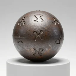 an iron ball with weird symbols engraved on it, the ball is on a pedestal. the light enter the room by a hole in the ceiling. close - up. art modern.