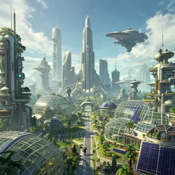 solarpunk city, greenhouses, ilm, beeple, halo, mass effect, starship troopers, elysium