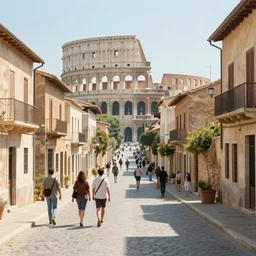 walking down busy stone streets in d & d city with mostly small buildings surrounding a distant colosseum, artstation
