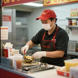 an fast food worker working take out on a busy day
