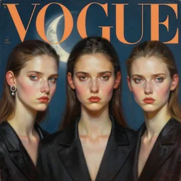 3 d, frown fashion models look into the frame, moon ryas, poster art, hyper detail, intricate oil painting, multiple exposure, 3 d, stanley kubrick mood, vogue cover style, by tooth wu and wlop and beeple and greg rutkowski