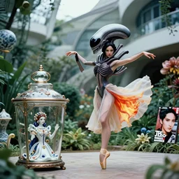cinestill 5 0 d, 8 k, j. j abrams flare ; esoteric ultra realistic hublot cthulhu in kagemusha ( 1 9 9 0 ) film still garden dance scene in frontiers in porcelain photography fashion magazine june seinen manga portrait edition, hyperrealistic real - life xenomorph holly herndon porcelain occult figurine in victorian glass jar, pointe pose, eye contact, tilt shift wide shot zaha hadid background